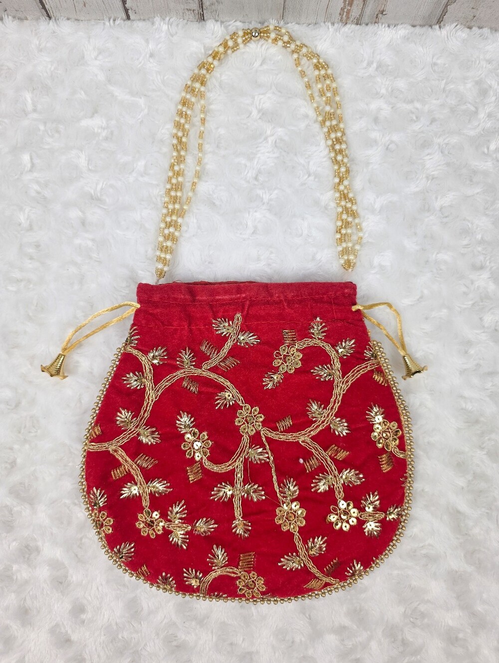 Embellished Red Velvet Evening Indian Potli Bag